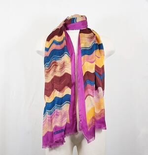 Missoni Foulard Silk Scarf Wrap Purple Waves Print Rectangular 76 x 26